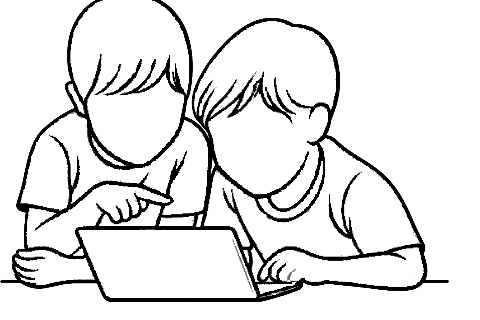 A minimalist black-and-white line drawing of two children engaged in shared learning using a laptop. The faceless figures lean in closely, one pointing at the screen while the other follows along. The image evokes themes of digital education, collaboration, and childhood curiosity in a modern learning environment.